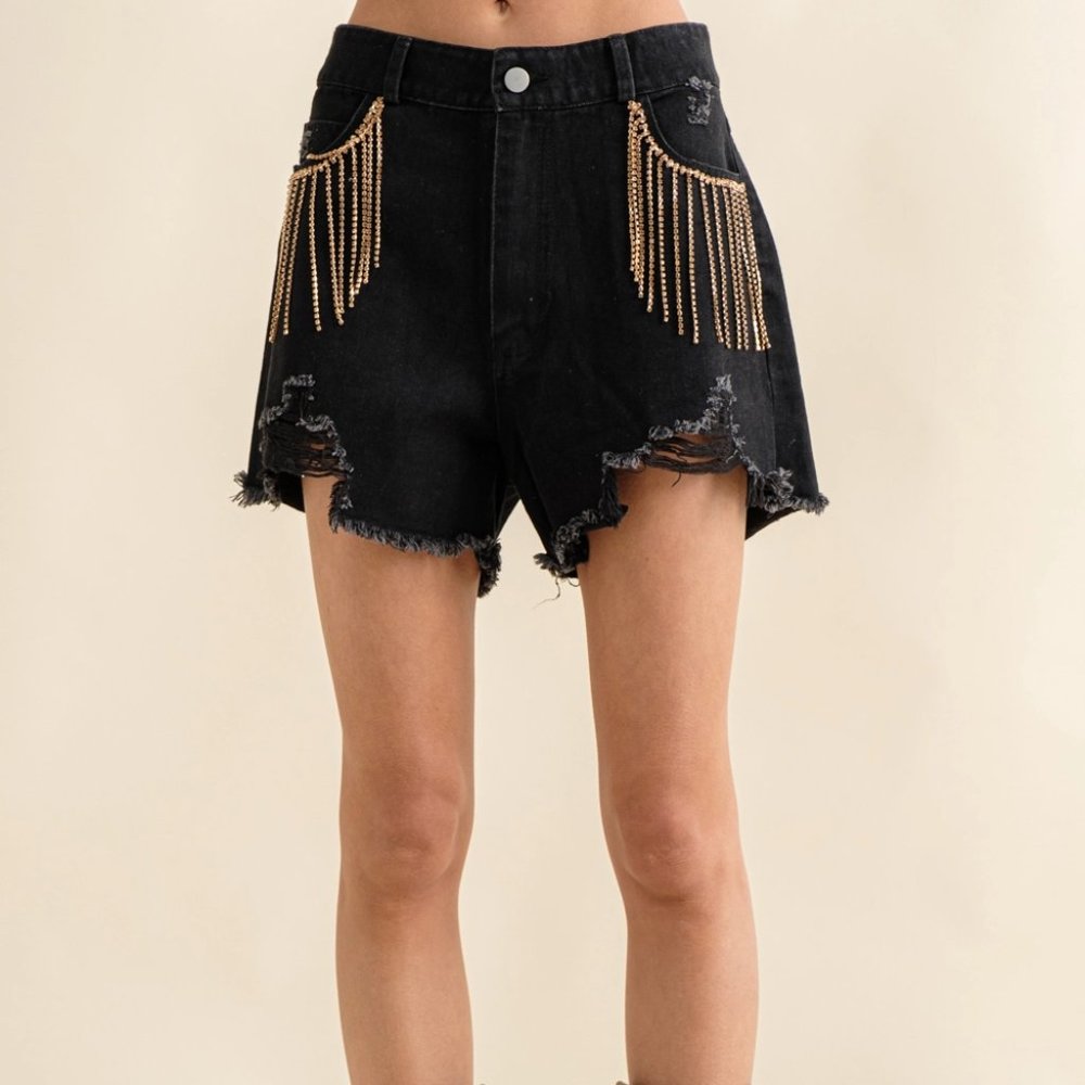 Black High-Waist Distressed Denim Shorts with Gold Chain Fringe